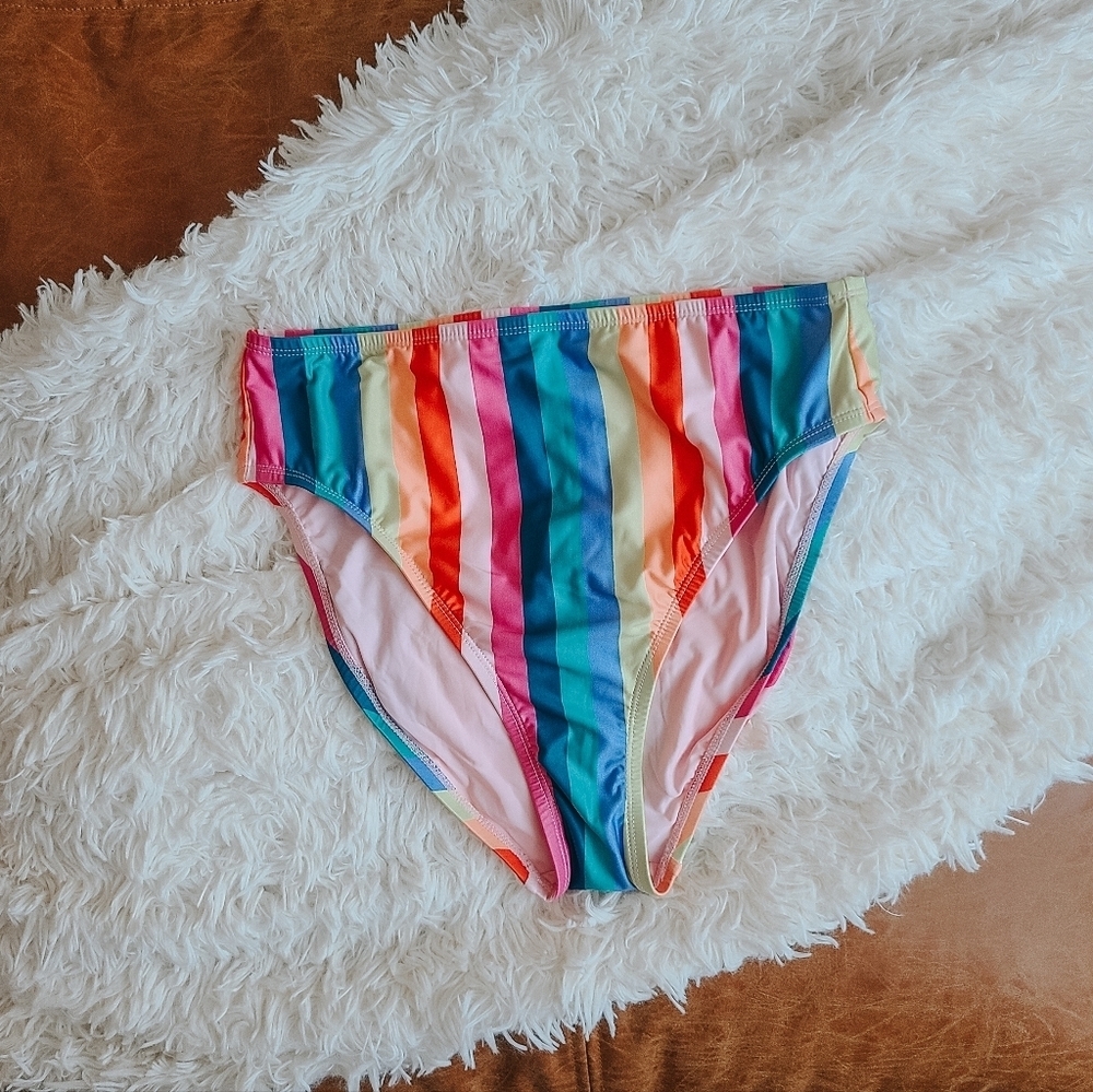 ModCloth Rainbow Stripe High-Waisted Bikini Bottoms – Size Medium - Picture 2 of 6